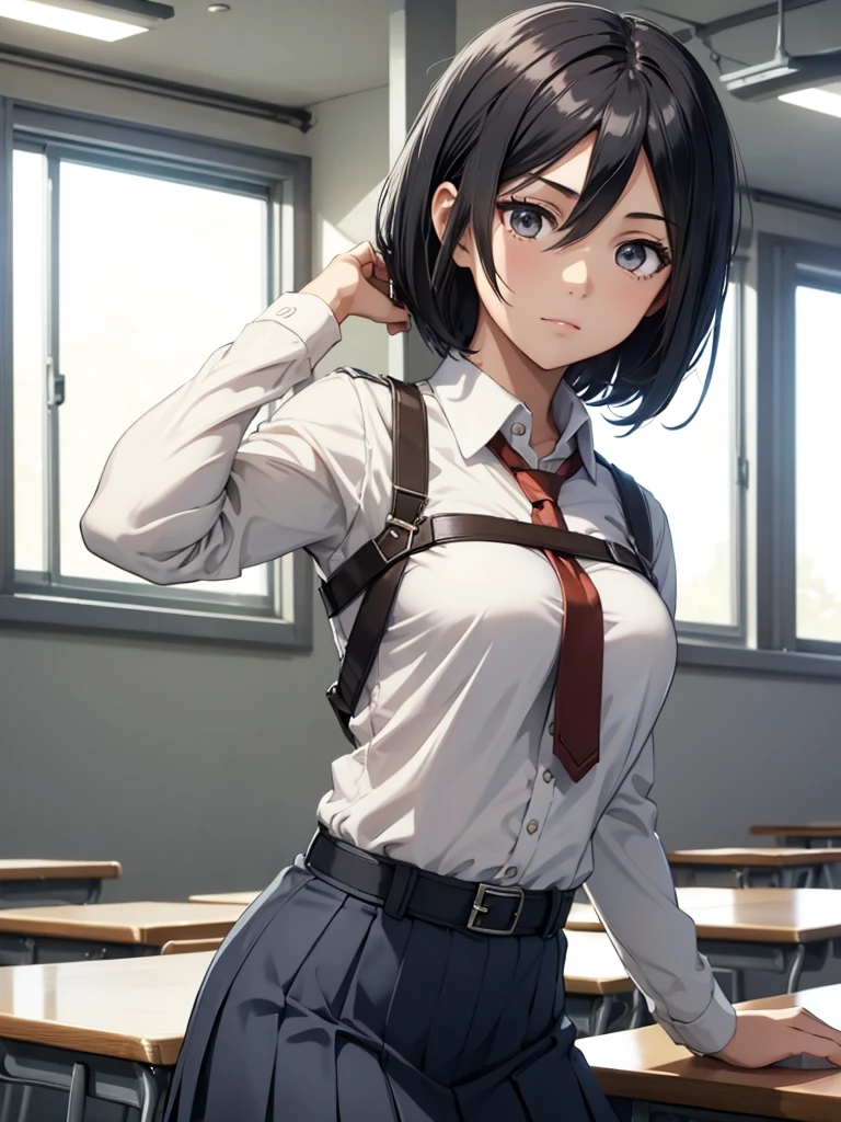 Mikasa, 1girl, as a highschool girl, wearing highschool gurl uniform, at a classroom, white shirt and blue skirt, black short hair, 8k, high detailed, high quality
