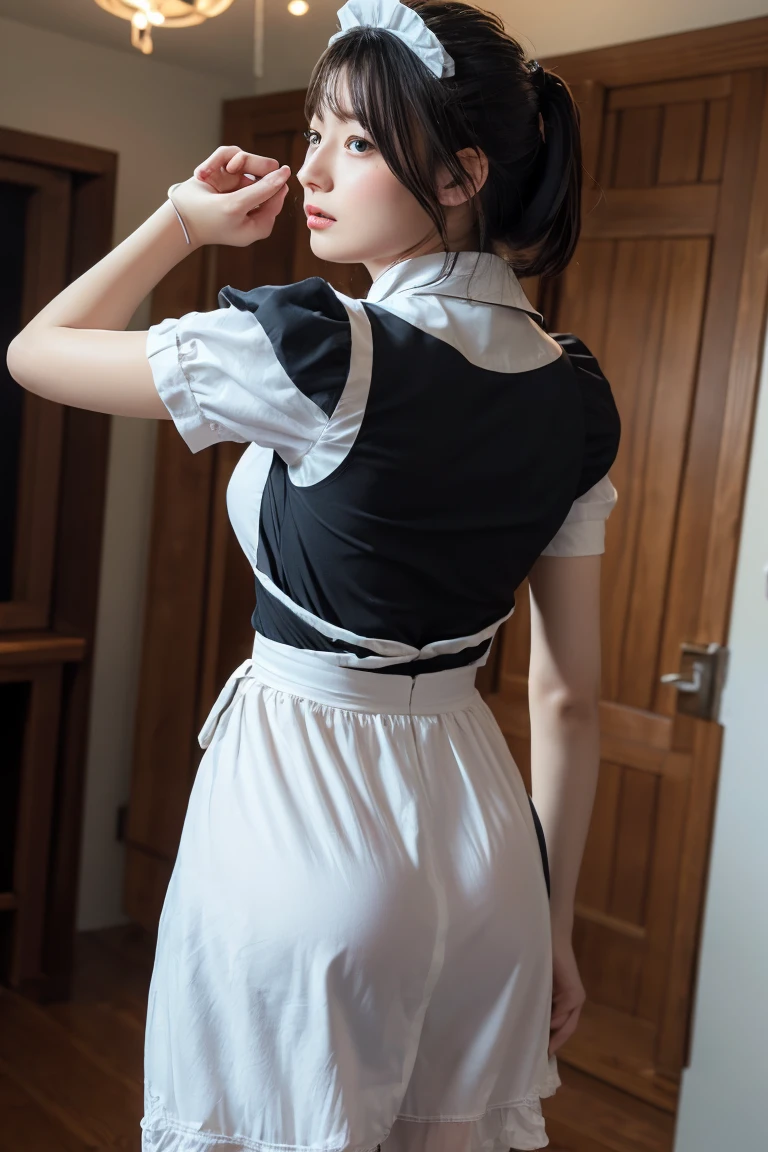 masterpiece, Highest quality, High resolution, 18+ Adult content, Sensual, Intimate, Emotional, Passionate, romantic, sweet, Adorable, Innocent, Pure, Fascinating, Fascinating, attractive, Mysterious, Fascinating, Fascinating, Immersive, Fascinating, dream-like, Surreal, Imaginative, Whimsical, artistic, Avant-garde, timeless, elegant, Sophisticated, chic, Sophisticated, Individuality, original, Fascinating,((Maid clothes:1.3))、Raise your arms to show your sides、Turn your ass towards me