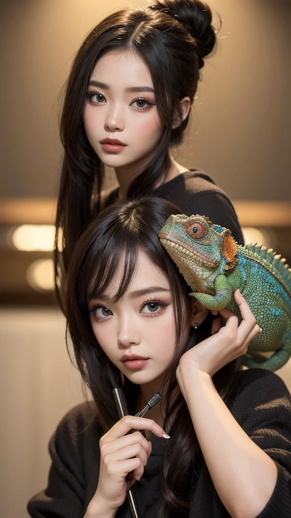 A girl with chameleon-style makeup posing gracefully、It blends in perfectly with the rich texture of Borneo's lush jungle.。, Demonstrate her uncanny ability to adapt to her surroundings. image, Resembles a museum-quality masterpiece, Vibrant colors and intricate details come to life. Every detail is carefully crafted, From the girl's enchanting chameleon-like skin, Perfectly blended with a variety of foliage, Her slender, Agile limbs, Relax on a tree branch々Information that has stopped