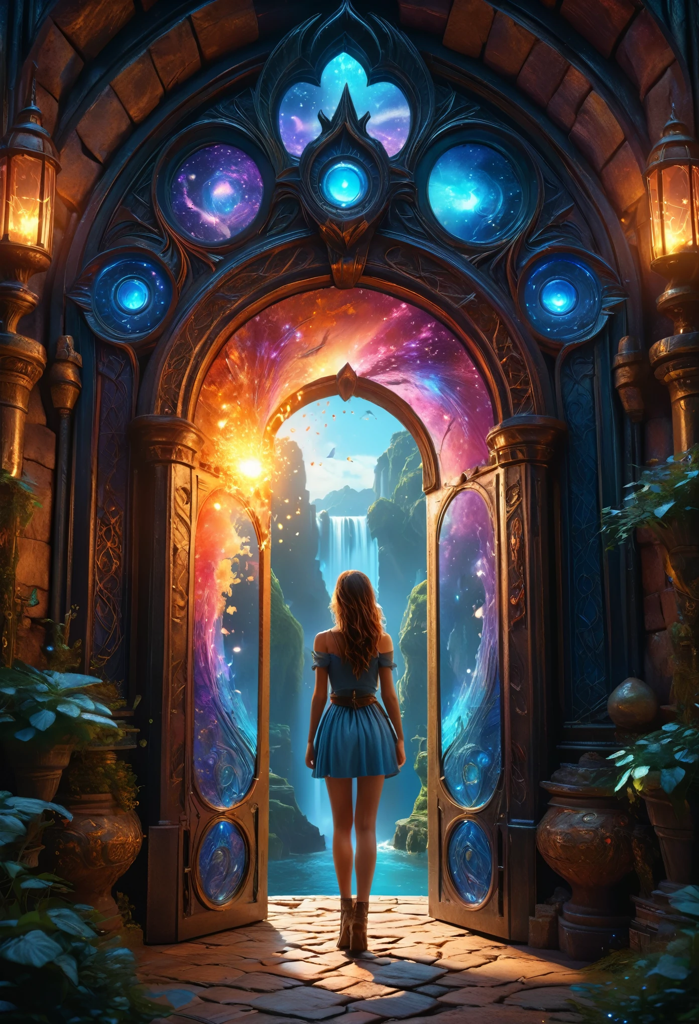 A beautiful girl, intricate fantasy world with a magical portal, magical atmosphere, highly detailed, photo-realistic, 4k, masterpiece, ultra-detailed, hyper-realistic, stunning lighting, vibrant colors, cinematic, dramatic composition, fantasy art, digital painting, concept art