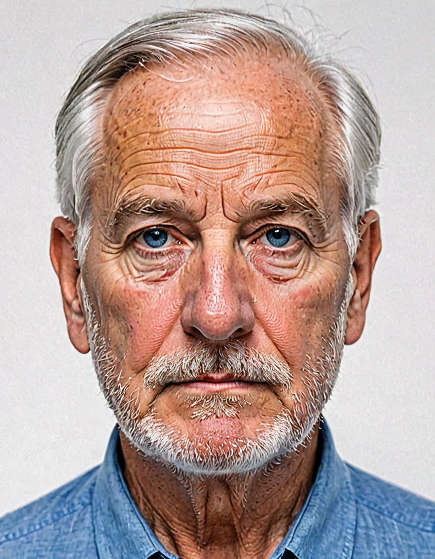 pure white background, white id photo, closeup, photo of 60 y.o man in blue clothes, serious face, wrinkles, short white hair, white beard and mustages