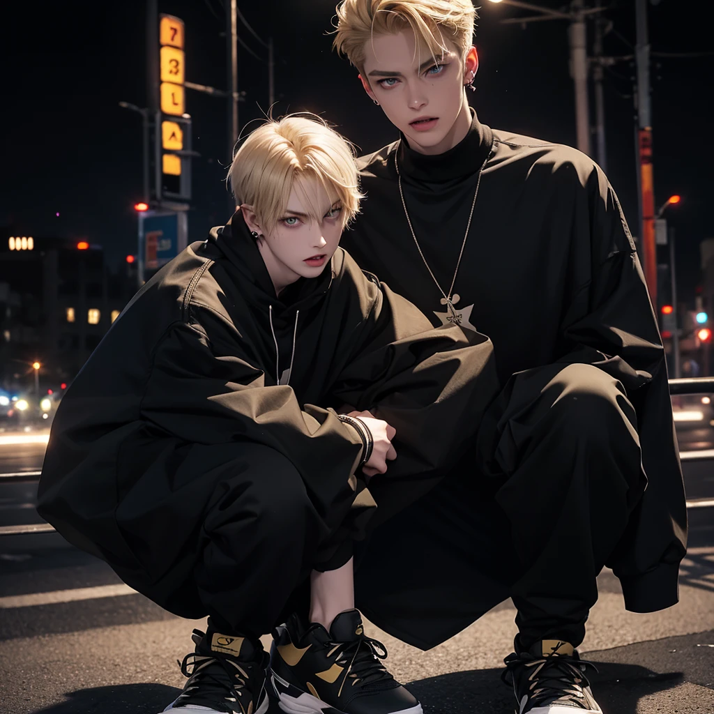 Anime tall blond guy, yellow pupils, slightly pale skin sharp teeth, small ear piercing, black himself, black jeans with holes in the knees, Black sneakers, Background Night City