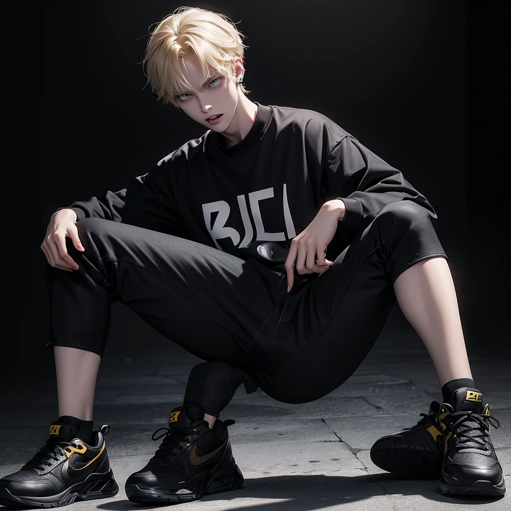 Anime tall blond guy, yellow pupils, slightly pale skin sharp teeth, small ear piercing, black himself, black jeans with holes in the knees, Black sneakers, Background Night City