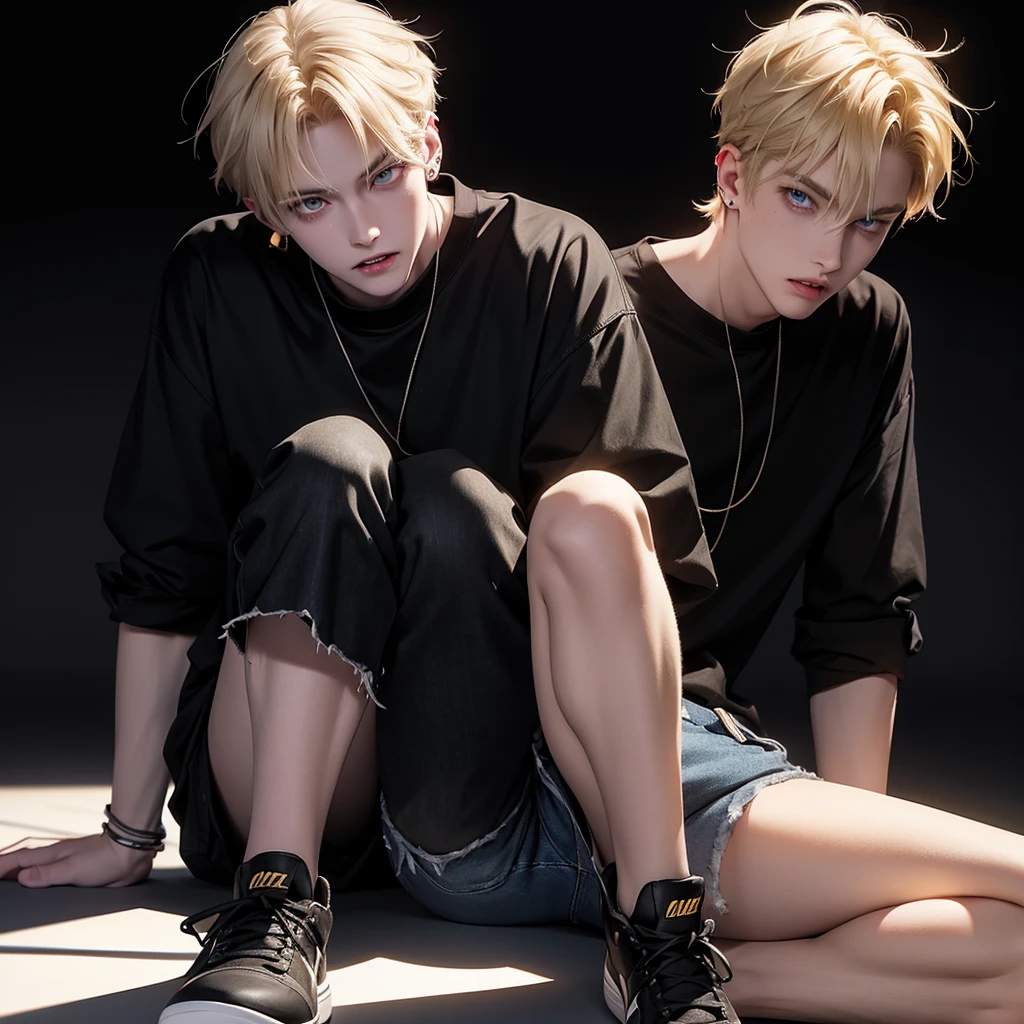 Anime tall blond guy, yellow pupils, slightly pale skin sharp teeth, small ear piercing, black himself, black jeans with holes in the knees, Black sneakers, Background Night City