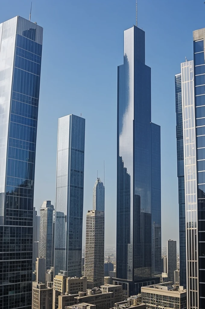 Can you draw me a modern, very thin office tower that tapers in width to its abyss that is 550 meters long and has 130 floors and is made of glass that is located in a metropolis?