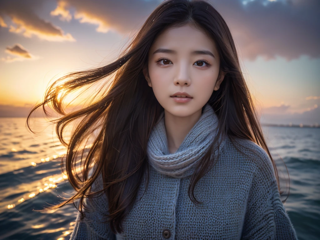 (knit), (Highest quality,masterpiece:1.3, Ultra-high resolution), (Ultra-detailed,Caustics),(Photorealistic:1.4,RAW shooting,)Ultra-Realistic Capture, Very detailed, High resolution 16K for human skin, Lost in Thought, One Woman, Japanese, cute, Black-haired, Mid-length hair,(((background, Sunset sky))), (((background of the sea where the starry sky)))), (((Looking up from behind)))), (((Gaze at the starry sky in the distance))), Hair blowing in the wind