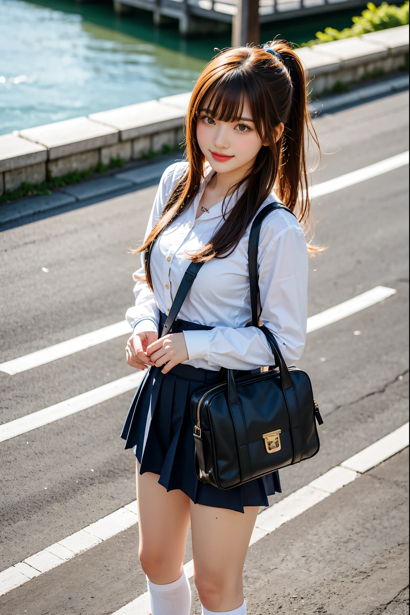 Cute Japanese , wearing sailor uniform, good style, wearing white socks, wearing loafers, carrying school bag in front of body, smiling, brown hair, aerial perspective, braided ponytail