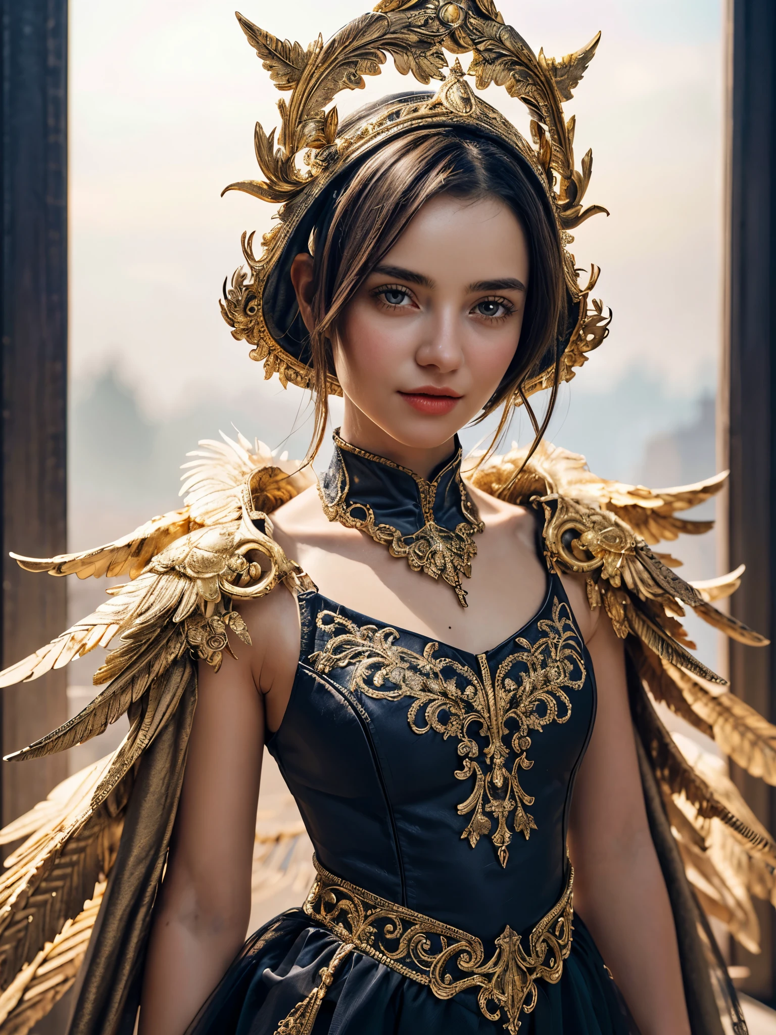 1girl, show upper body, cowboy shot, intricate ornate filigree headpiece, super details, concept art, crystal, detailed golden feathers, sharp focus, still life macro photography, (best_quality, masterpiece:1.2), (highly detailed), (4k, 8k, uhd, high_resolution, highres),