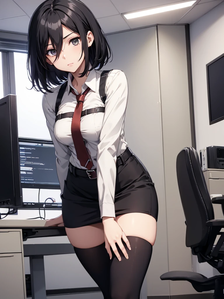 Mikasa, 1girl, wearing a office suit black colour tight skirt, at an office , black short hair, 8k, high detailed, high quality