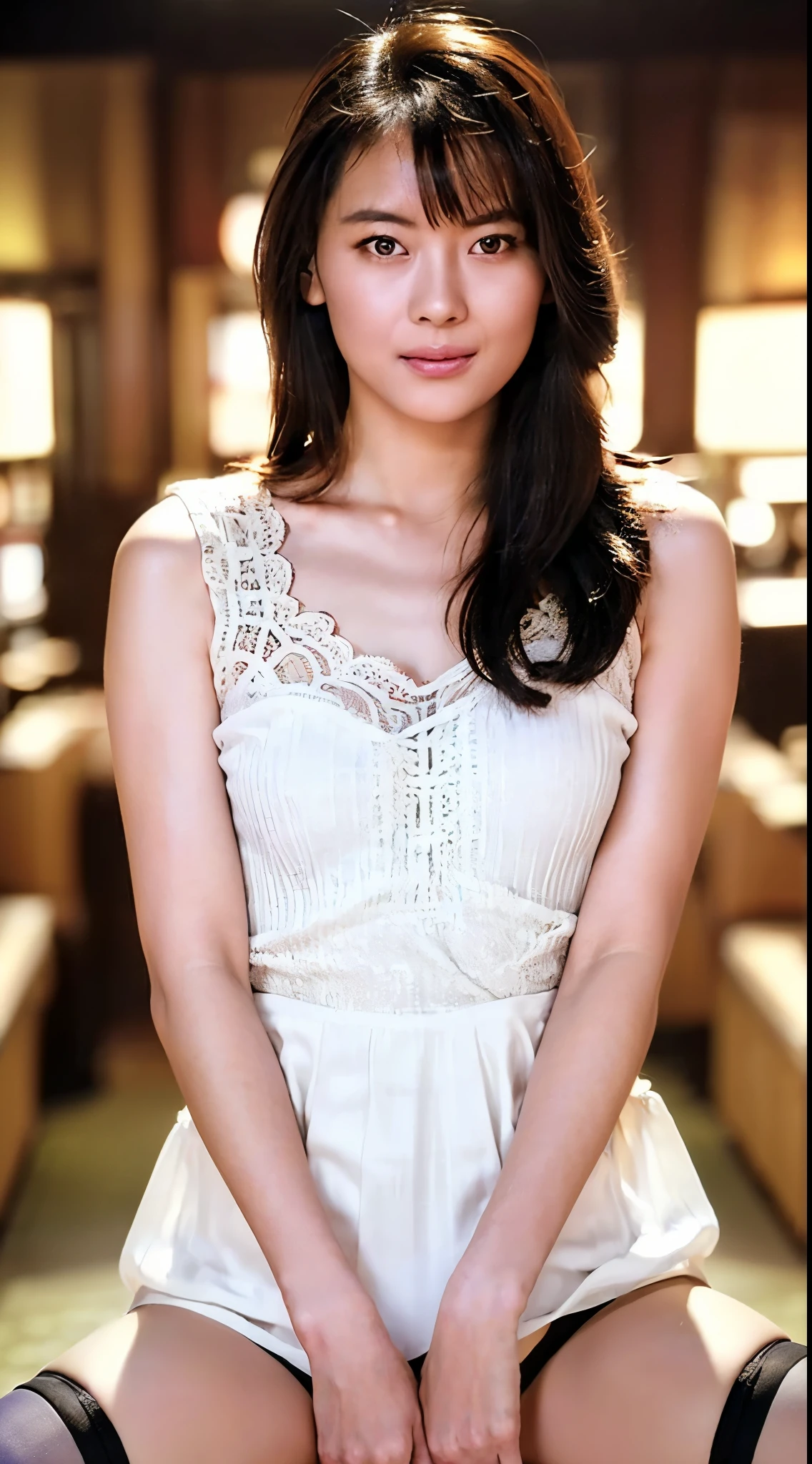 ((8K, RAW Photos, Highest quality, masterpiece), High-resolution RAW color photos、Professional close-up photography, (Realistic, Photorealism: 1.37), (Highest quality), (Best of the darkest illustrations), ((cute, beautiful, Ultra-high resolution, High Definition CG Unified 8K Denden Wallpaper, Physically Based Rendering, Cinema Lighting), Analog Style, elegant, thank you, UHD 8K, Digital SLR, Fujifilm XT3, Vibrant, Frank, Dramatic and immersive sunsets, (Detailed face, Skin Texture), Film Grain, Natural light, looking at the camera,(Pin-up model),(1 Japanese female),(Photo of a 25 year old Japanese woman), (compensate:1.1), (eye shadow:1.1), (blush:1.1), (Eyeliner:1.1),((Sexy Face)), ((A thin, sheer white lace tight dress:1.2)), ((blonde mesh hair)), ((Wavy long hair)), Las Vegas Casino, beautiful detail eyes, Light on the face, ((Cowboy Shot: 1.2)), Particularly strong light, (Upward glance, Grinning smile:1.2),Shiny skin, shy, (Bright purple eyes:1.4), ((Excellent anatomy: 1.2)), ((Bright and refreshing Las Vegas Casino, The background is blurred: 1.2)), Perfect Face, beautiful face,Lean forward,cheek,blush,A face in love,View your viewers,Please sit down,Show me your body,Fishnet tights,,squat,leotard,From below,Show me your panties