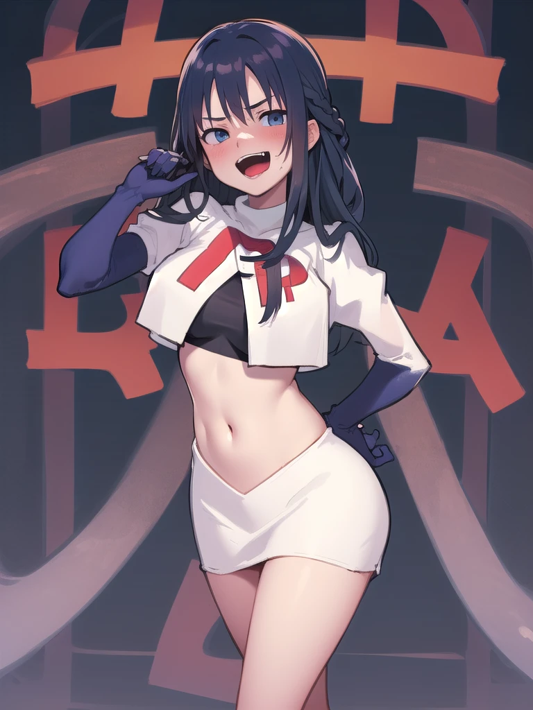 masterpiece, best quality, 1 girl, darkblue hair, long hair, team rocket,team rocket uniform, twitch, slapstick comedy, laugh eyes, laugh open mouth, noodle on head, fuss, sexy, virjin, villain, stupid, electric background,