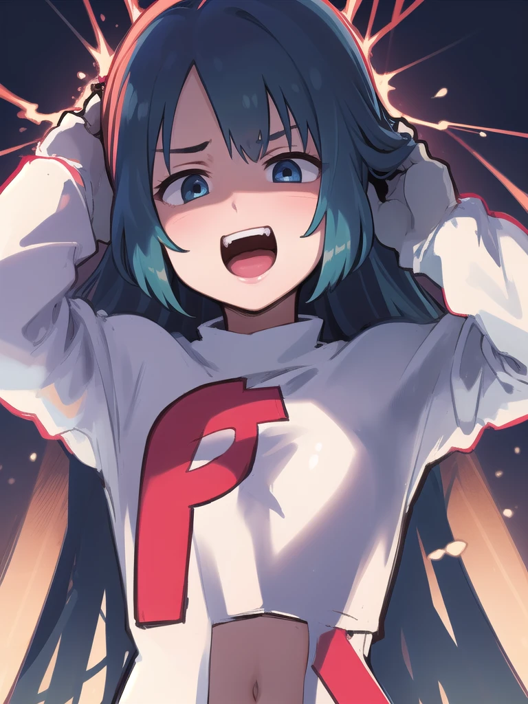 masterpiece, best quality, 1 girl, darkblue hair, long hair, team rocket,team rocket uniform, twitch, slapstick comedy, laugh eyes, laugh open mouth, noodle on head, fuss, sexy, virjin, villain, stupid, electric background,