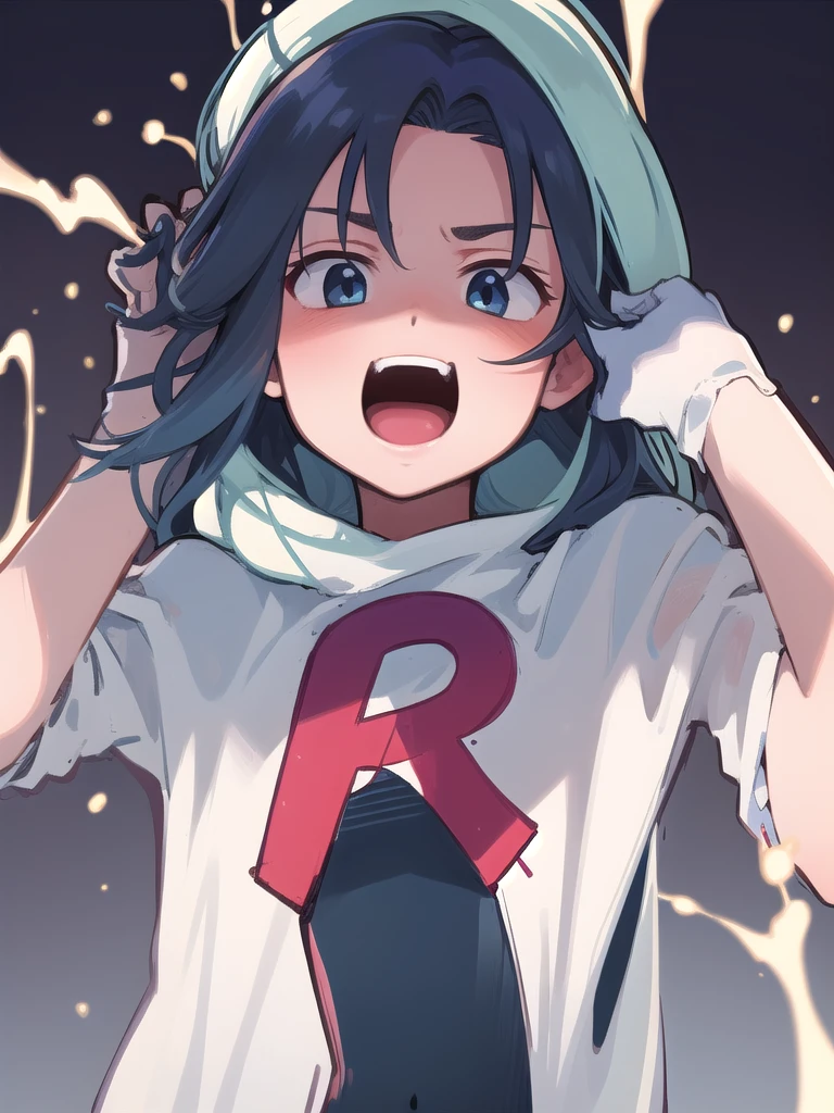 masterpiece, best quality, 1 girl, darkblue hair, long hair, team rocket,team rocket uniform, twitch, slapstick comedy, laugh eyes, laugh open mouth, noodle on head, fuss, sexy, virjin, villain, stupid, electric background,