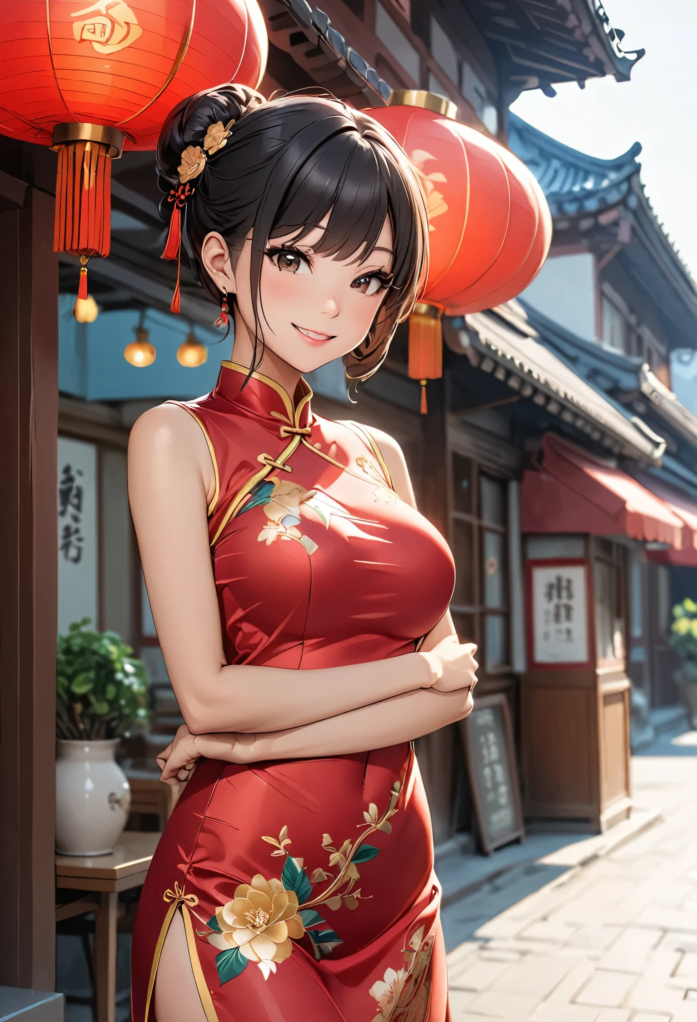 A beautiful woman, city,(standard Red silk cheongsam), (flower chignon), (gold embroidery thread), (slik), outdoor chinese restaurant, open mouth smile, ((black hair)), little blush, side, (breast), Reflecting the buttocks