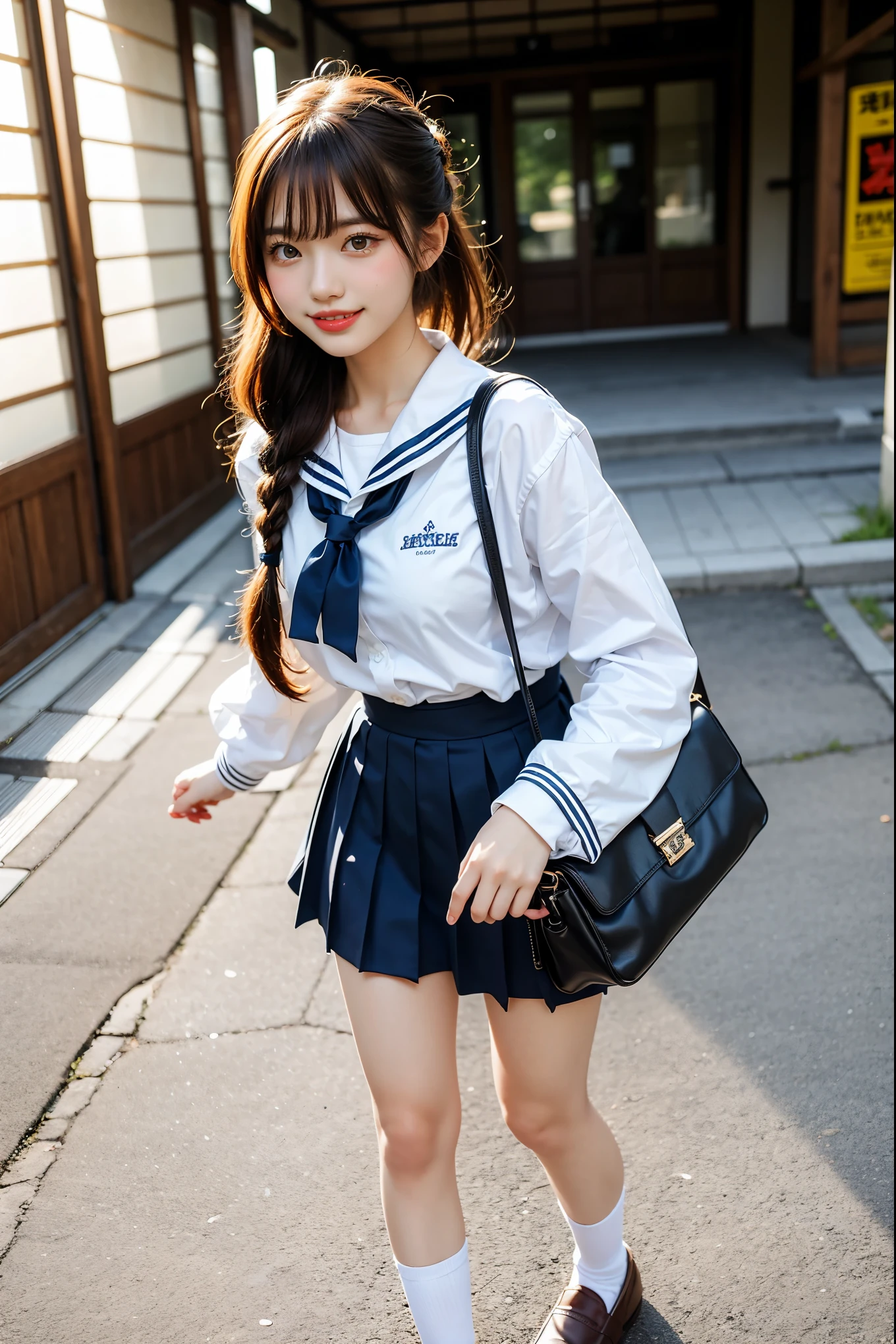 Cute Japanese , wearing sailor uniform, good style, wearing white socks, wearing loafers, carrying school bag in front of body, smiling, brown hair, aerial perspective, braided ponytail