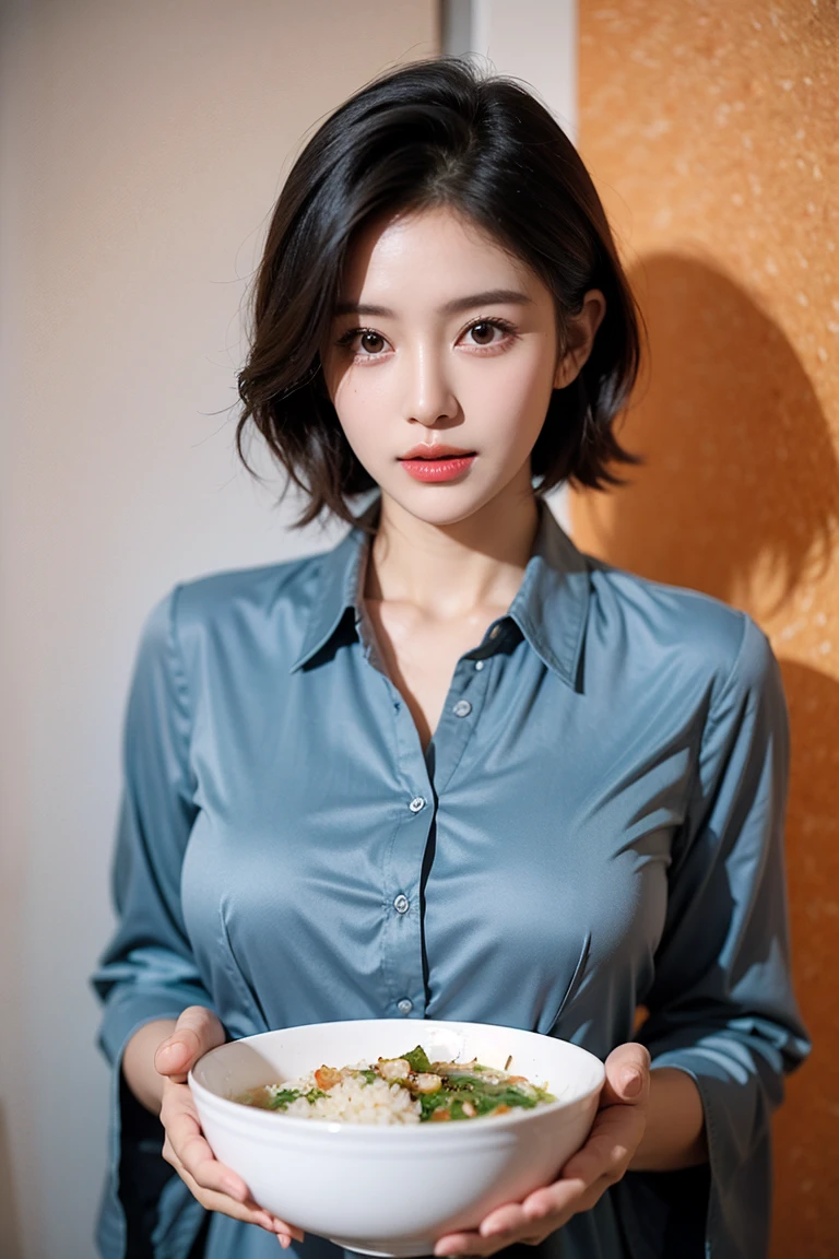 Realistic photos, Beautiful woman , short hair , Orange wallpaper , Watery eyes , Upper body only shot , Very large breasts , Upturned nipples ,Dark blue collared blouse , Eat rice with a bowl and chopsticks