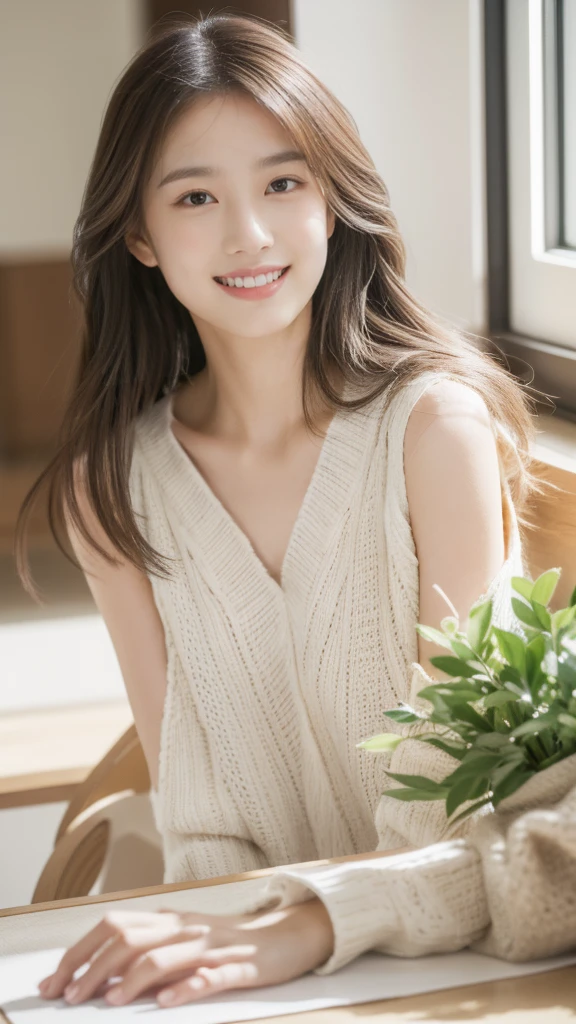 (on the table, best quality, Realistically, Ultra Detailed, meticulous, high resolution, 8k wallpaper), Close-up portrait of a beautiful woman, like, Smile, Light brown messy hair, Perfect dynamic composition, Beautiful and meticulous eyes, Just like the cover of a fashion magazine, On Campus