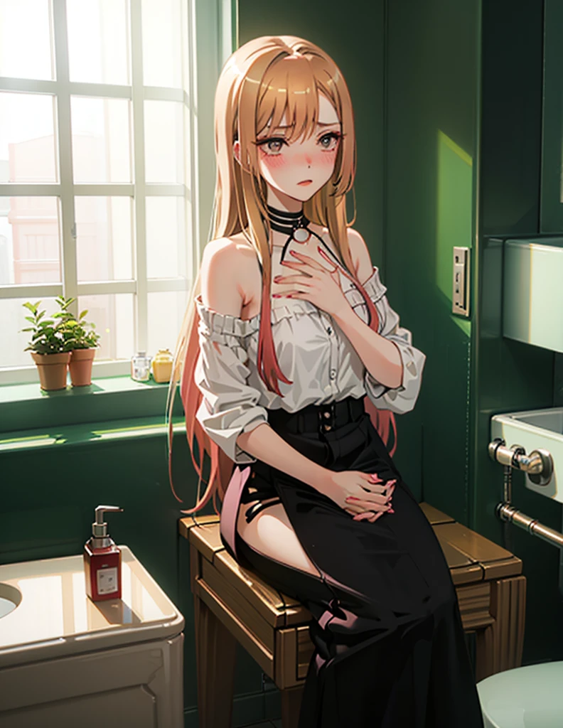 Hide your with your hands、Chestnut Hair、Semi-long hair、Hide your with your hands、Wearing only panties、Glamorous expression、Blushing、lipstick、Perfect hands、Detailed hands、bathroom、bath、Sitting