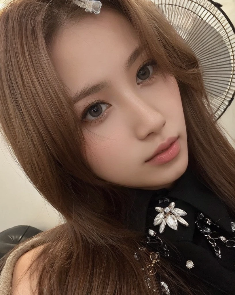 Slanted eyes and white skin. Light blonde hair and gray eyes with bright lips like Minatozaki Sana