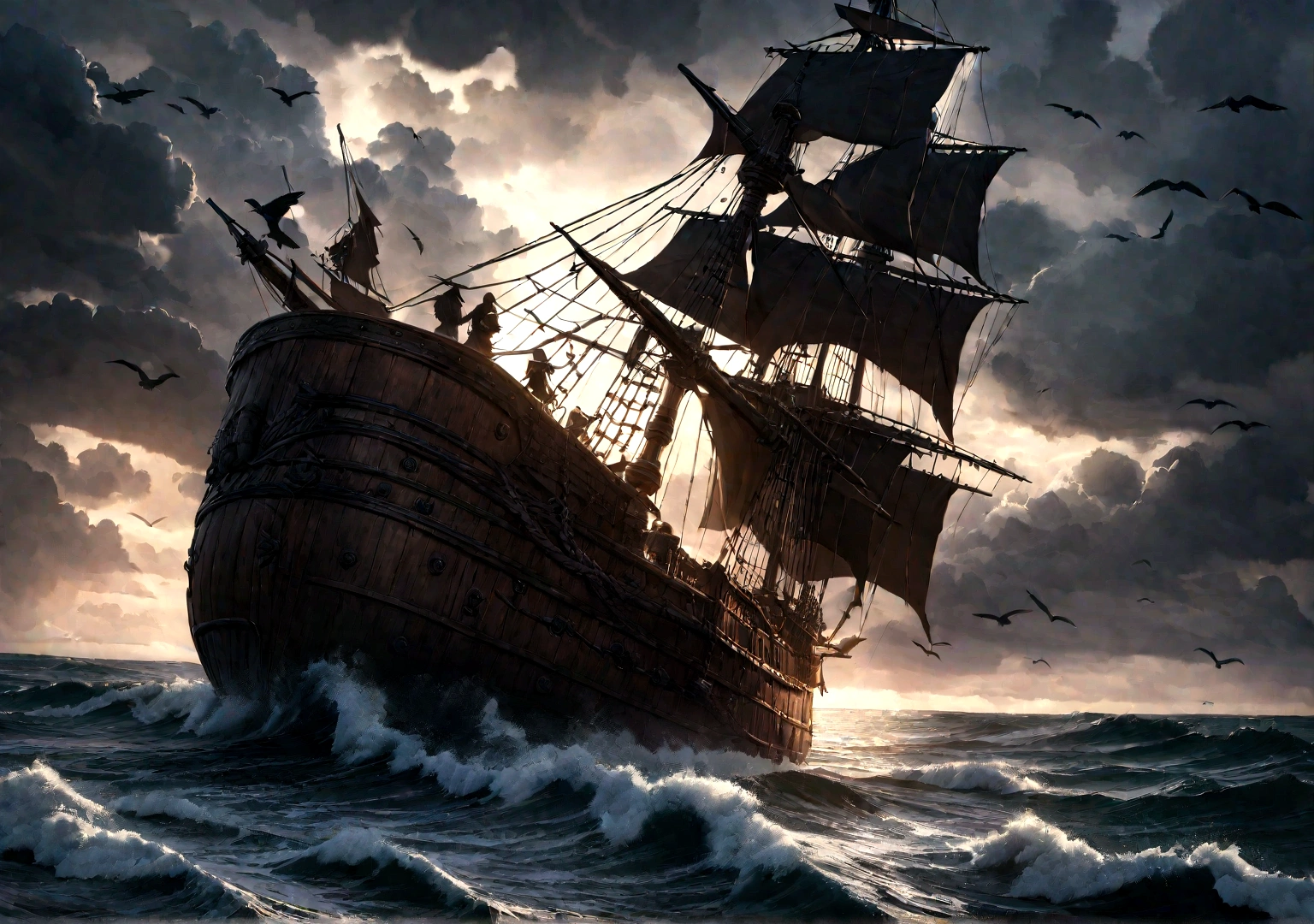 a fantasy pirate ship mast with crows nest, detailed wood texture, detailed metal fittings, detailed rigging, dramatic lighting, moody cloudy sky, epic scene, dramatic storm clouds, ocean waves, high quality, 8k, photorealistic, masterpiece, cinematic, dramatic lighting