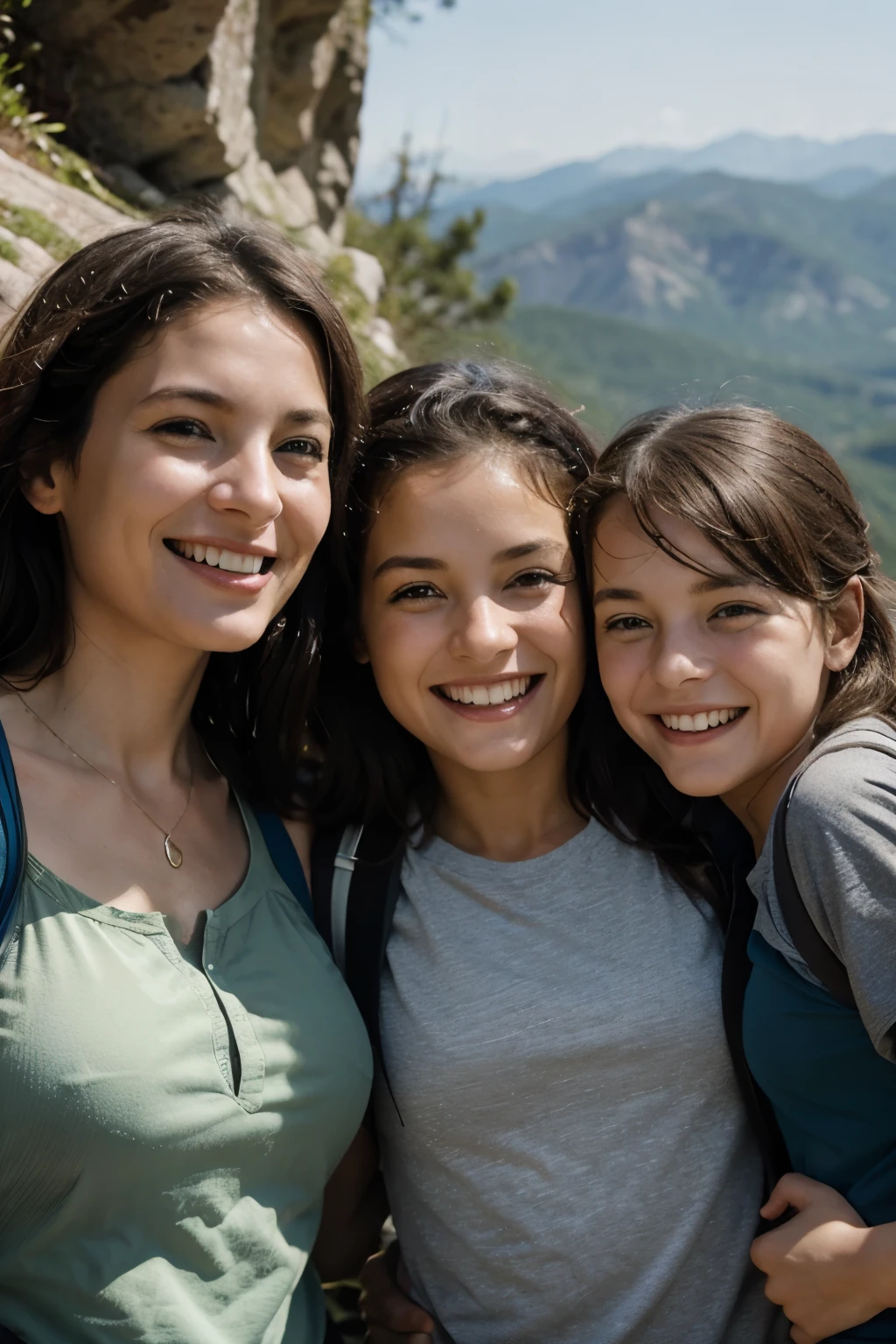 Mother and two children go hiking, They laugh and they look happy. The mother hugs one of her children