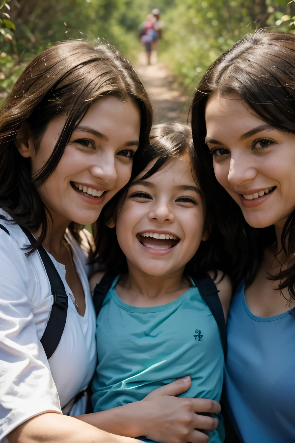 Mother and two children go hiking, They laugh and they look happy. The mother hugs one of her children