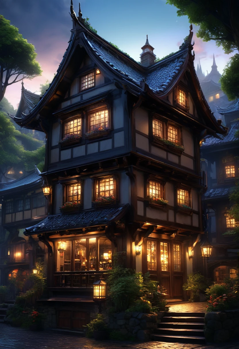There is a house with many windows that are lit up at night., Beautiful depiction of a fairy tale, realistic Fantasy Rendering, Inspired by Andreas Rocha, fantasy house, A pleasant and enchanting scene, Andreas Rocha Style, A multifaceted cozy izakaya, the style of andreas rocha, By Andreas Rocha, Fantasy Rendering, Photorealistic dark concept art, Fantasy 3D Rendering
