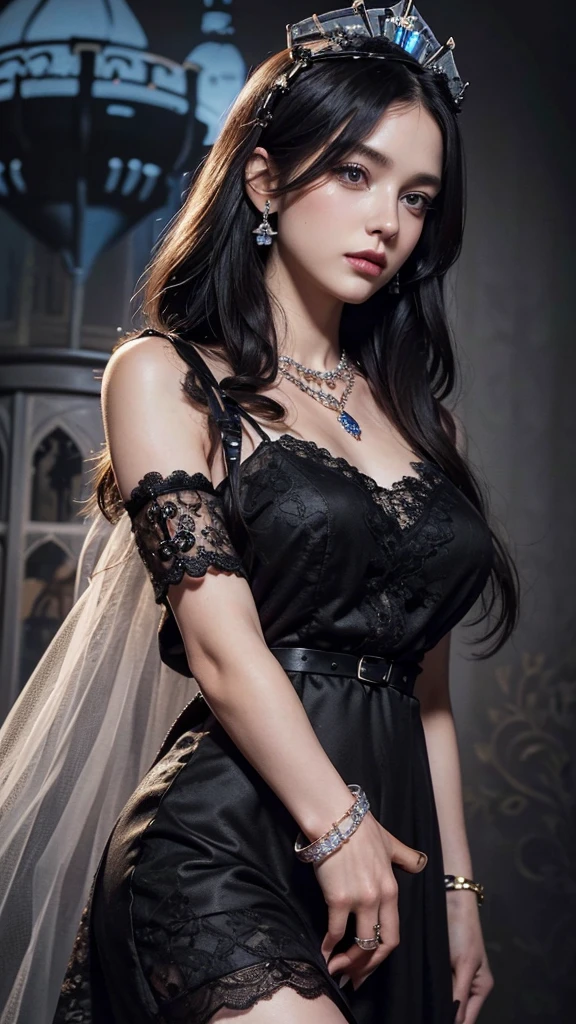 8K, ultra HD, masterpiece, realistic, 1 girl, good face, smoggy makeup, very long hair, princess hairstyle, detailed eyes, detailed lips, medium figure, very detailed dress, (black dress:1.5), (strap:1.5), (lace:1.5), (net stocking:1), (jewelry:1.8), (princess castle background:1.5), water, bloom lighting, night lighting, darkness,