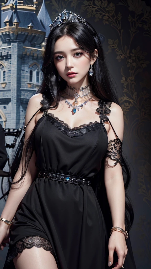 8K, ultra HD, masterpiece, realistic, 1 girl, good face, smoggy makeup, very long hair, princess hairstyle, detailed eyes, detailed lips, medium figure, very detailed dress, (black dress:1.5), (strap:1.5), (lace:1.5), (net stocking:1), (jewelry:1.8), (princess castle background:1.5), water, bloom lighting, night lighting, darkness,