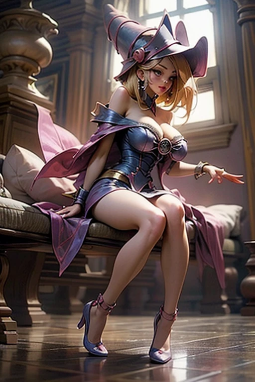 (masterpiece:1.2), (Best quality:1.2), Perfect lighting, Dark magician girl casting a spell, (((Full and soft breasts,)))(((Huge breasts))) (((Cleavage)))In battle. floating in the air, Visible medium , Transparent neckline, Blue robe, large hat, from above, sparkling, Yu-Gi-Oh!, The magic of the mind. Light of the Heart, Romantic Heart. 她wear high heel shoes. There are high heels. wear high heel shoes 