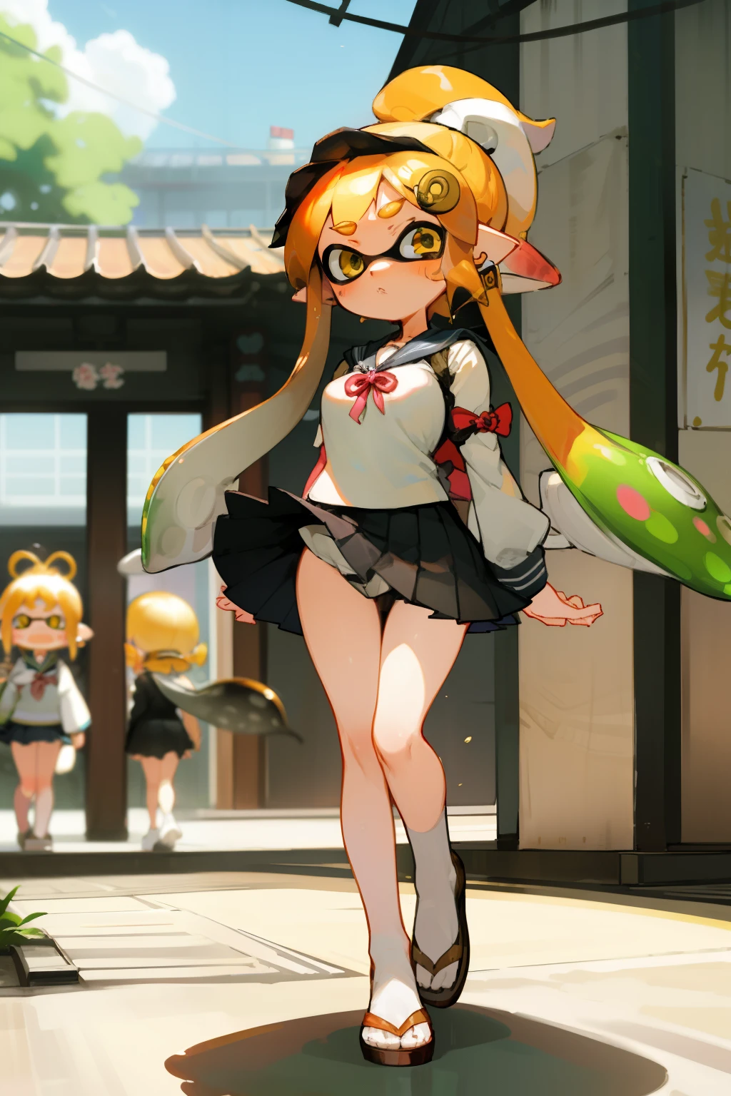 masterpiece、Highest quality、High resolution、One Splatoon girl、AS-Adult、Laughter、(Tsundere)、Golden Eyes、(blush)、Golden ponytail tentacle hair、Gal Makeup、Earrings、accessories、shirt、Skirt、((Huge 、Cleavage))、Chirarizum、((Japanese high 、White Sailor Suit))、Seraphim、Summer clothes、Full body portrait、Real Anime、3d、school、In front of the school gate、Situational Art、