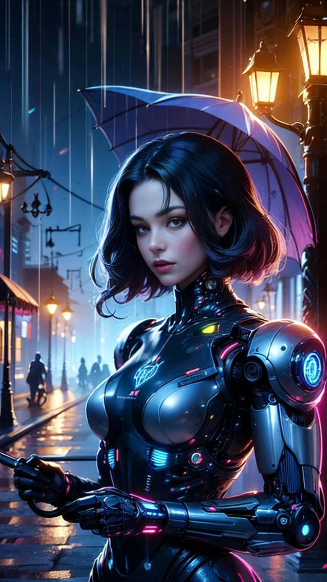top quality, future world, State-of-the-art robot, Beautiful Woman, flying hair, Transformed into a cyborg except for the face, Transformed into a cyborg except for the shoulder, sexy images, whole body photo, (((Umbrella on hand)))