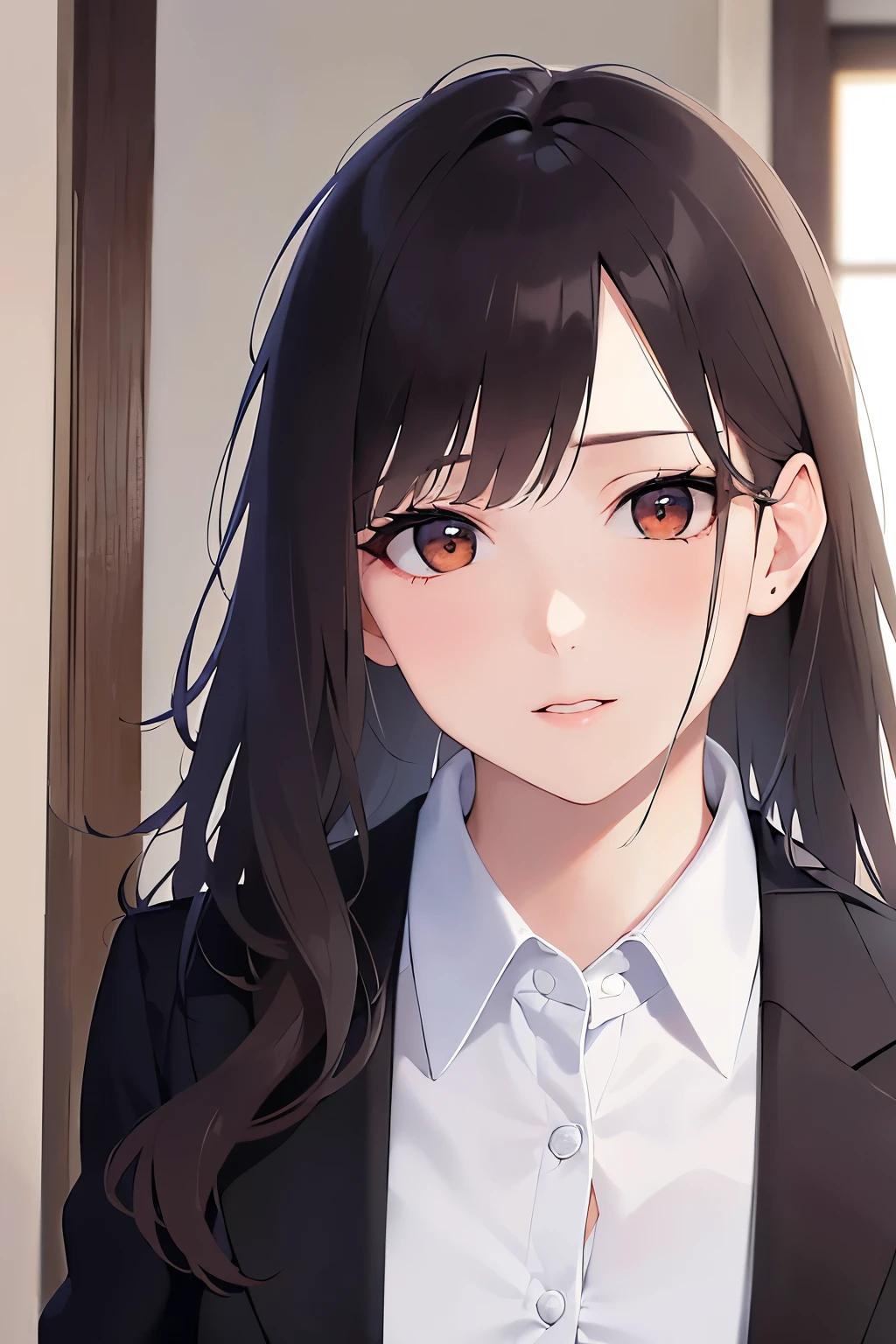 look at viewer,angle from the front,Upper Body, Realistic, real person, (pale skin: 1.2), RAW photo, photorealistic, shiny skin, shiny hair、 (A 35-year-old woman with medium-length hair and bangs) and (wavy hair) and (brown hair) and (Orange Eyes) , (Wearing a business suit:1.5) and (Wearing a white collared shirt)、light smile,The background is the living room、Alone、Are standing、Black jacket