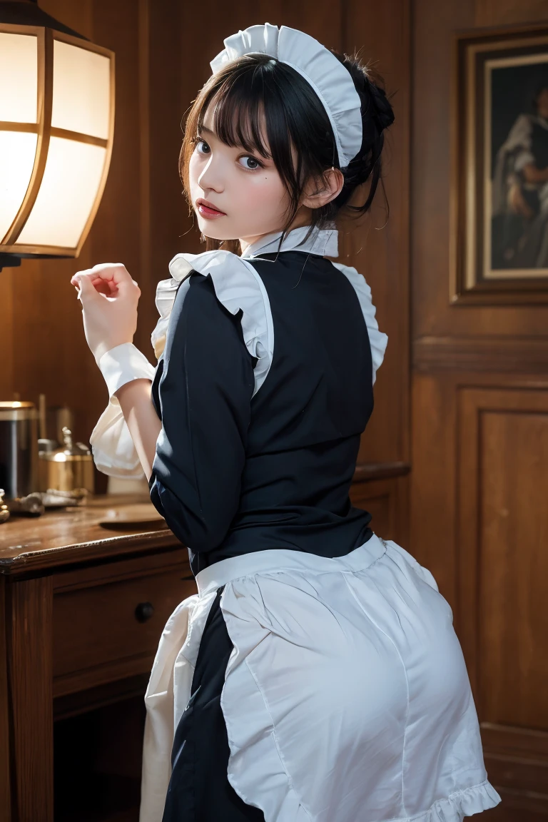 Highest quality, Super detailed, High resolution, 8K images) (reality, Realistic photos:1.37), ((Highest quality))(cute:1.2)、(Mid-breasted:1.2)、(Cleavage)、(Erect nipples:1.2)、(Full Body Shot)、In 8K、(Tabletop:1.2)、(ribbon、flare skirt、Knee-high socks:1.3)、Look at the viewers、blush、ribbonボンデージ、(Beautiful Hands)、(Beautiful thighs)、(Short Bob:1.2)、(Maid clothes:1.3)、cute((Focus on immaculate lace panties))(((Show me your asshole 1:3)), ((Stick your butt out)),(Squat with legs apart), Fine and beautiful eyes,Perfect Proportions,(Overflowing big),(A full-body shot from behind), Very beautiful and cute girl,22 years old,(anime),Kamimei, Pitch black background,(Solid black background)