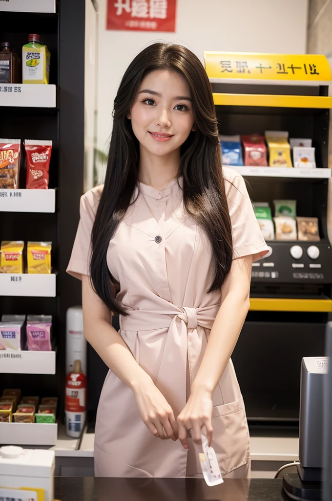 muste piece、High resolution、convenience store of the future、Convenience store clerk、26 year old female、１girl clerk、looking at the camera、smile、Finished as pictured、The cashier is also beautiful、Her skin is white and beautiful、long and beautiful hair、inner color、hair should be tied back、Clerk's uniform、