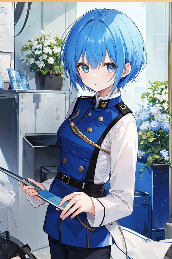 Girl、Blue hair short、German Officer Uniform