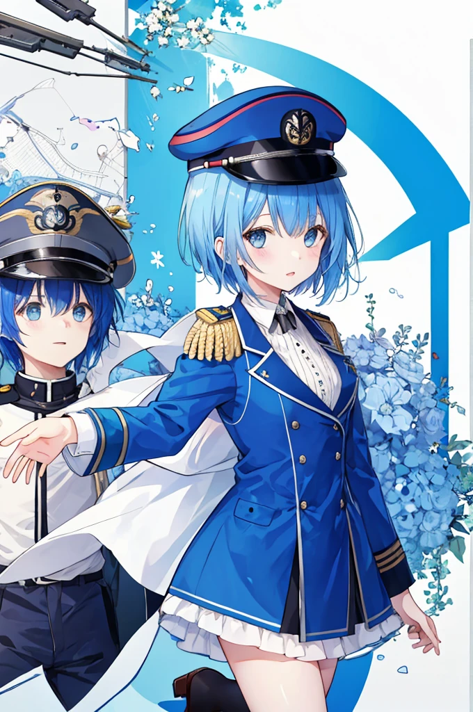 Girl、Blue hair short、German Officer Uniform