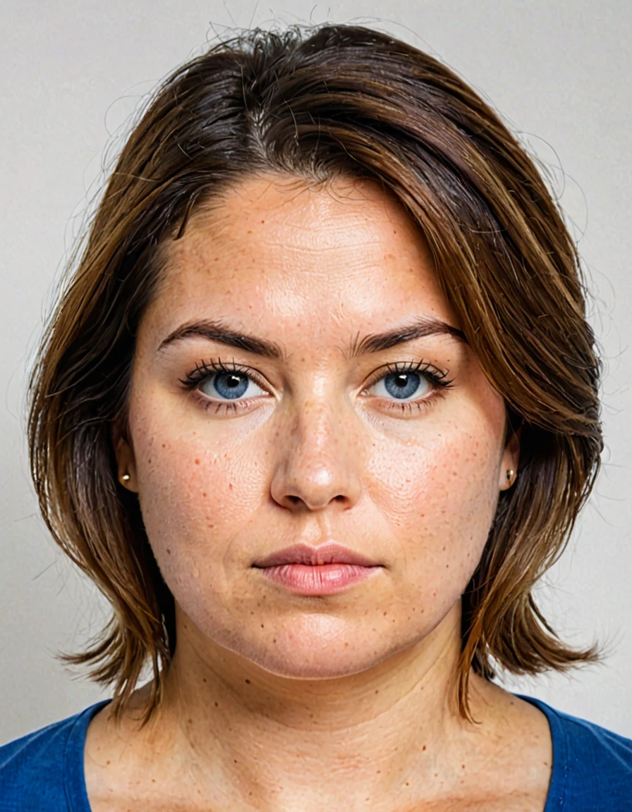 pure white background, white id photo, closeup, photo of 35 y.o woman in blue clothes, serious face, chubby, shot hair