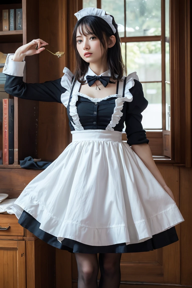 masterpiece, Highest quality, High resolution, 18+ Adult content, Sensual, Intimate, Emotional, Passionate, romantic, sweet, Adorable, Innocent, Pure, Fascinating, Fascinating, attractive, Mysterious, Fascinating, Fascinating, Immersive, Fascinating, dream-like, Surreal, Imaginative, Whimsical, artistic, Avant-garde, timeless, elegant, Sophisticated, chic, Sophisticated, Individuality, original, Fascinating,((Maid clothes:1.3))、Raise your arms to show your sides