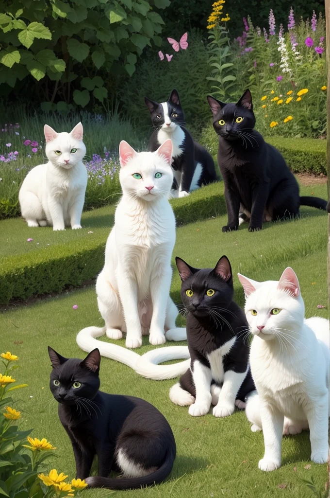 cats,a black cat with green eyes,a white cat with blue eyes,a striped cat,with a white part,under the belly and dark green eyes,a white cat with green eyes,a cyan cat with blue eyes,a striped cat with whites of dark green eyes,and 2 dogs,a hairy little black guy with black eyes,a large dog with caramel color and light brown eyes,a white goat with yellow eyes and a black stripe in the middle,They are together in a garden with butterflies flying over them.