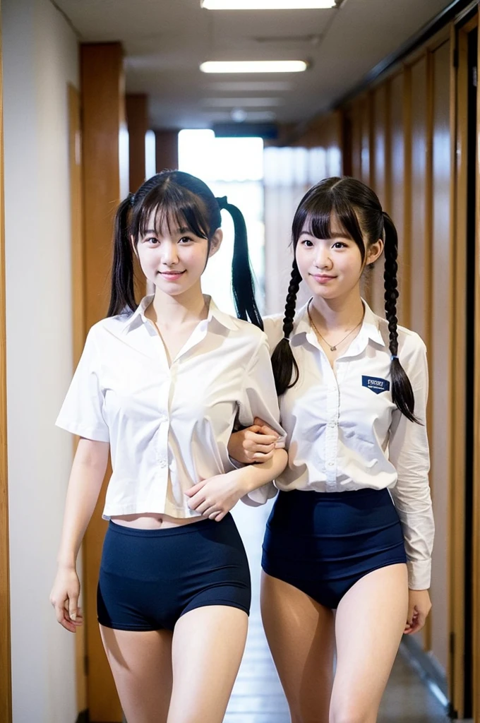 Two girls walking down a hallway in a classroom at an old Japanese school,Wearing an unbuttoned white shirt and a navy blue school swimsuit,18-year-old,bangs,A small smile,Thighs,knees,Short hair with low pigtails,from before,Front light