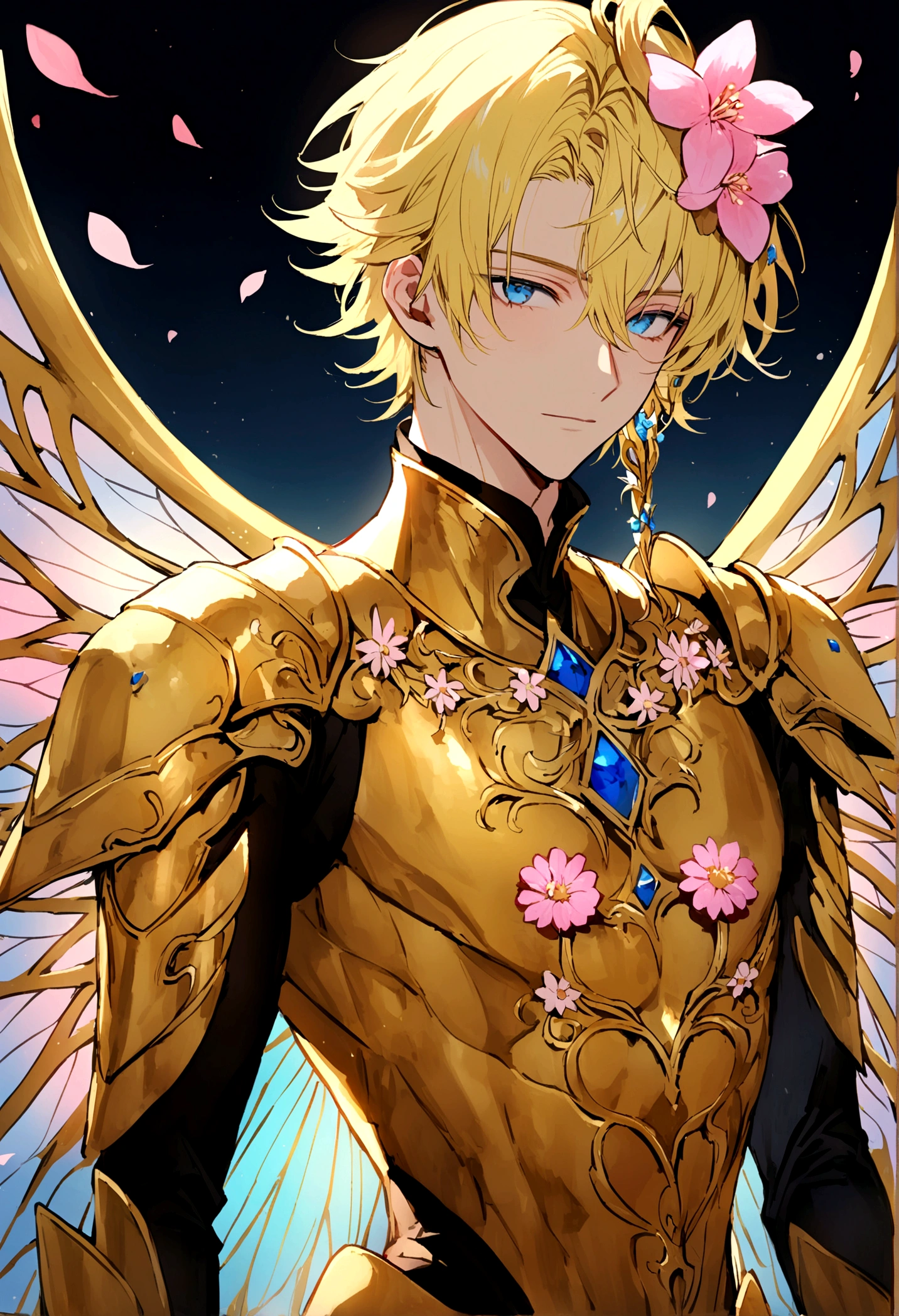 A lithe male Fairy with blonde hair, beautiful detailed blue eyes, slender but muscular body ,he is wearing black and golden leather armor with a floral design and a pink flower in his hair, he has magical blue wings with flowers
