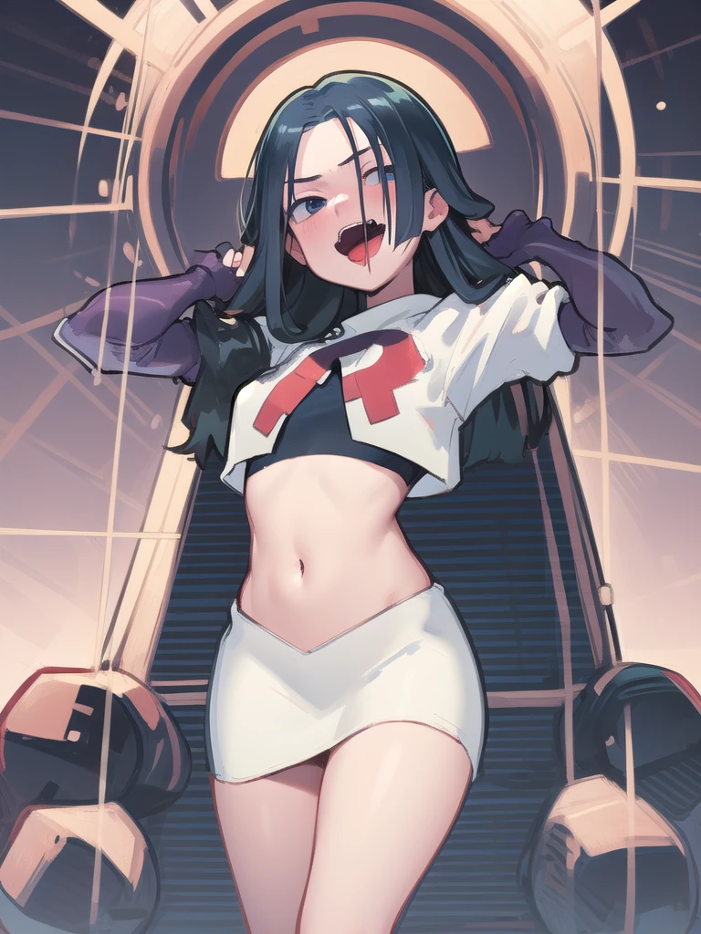 masterpiece, best quality, 1 girl, darkblue hair, long hair, team rocket,team rocket uniform, twitch, slapstick comedy, laugh eyes, laugh open mouth, noodle on head, fuss, sexy, virjin, villain, stupid, electric background,