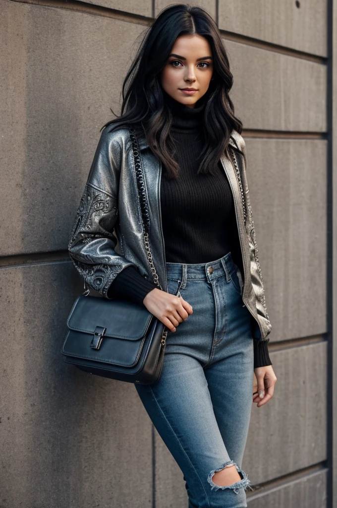 She has shoulder-length, jet-black hair with streaks of silver, Her hair is slightly tousled, falling in gentle waves around her face. Her eyes are a deep, piercing blue with smoky eye makeup. She has a slim, almost wiry build. Her outfit is a unique blend of vintage and modern styles, She wears a black leather jacket with intricate silver embroidery on the sleeves, a nod to traditional Russian patterns. Underneath, she sports a dark grey, oversized turtleneck sweater, which she pairs with high-waisted, faded black jeans. Her boots are sturdy, knee-high, and slightly worn, She accessorizes with a silver locket that she always wears around her neck, She often carries a small, vintage leather satchel.