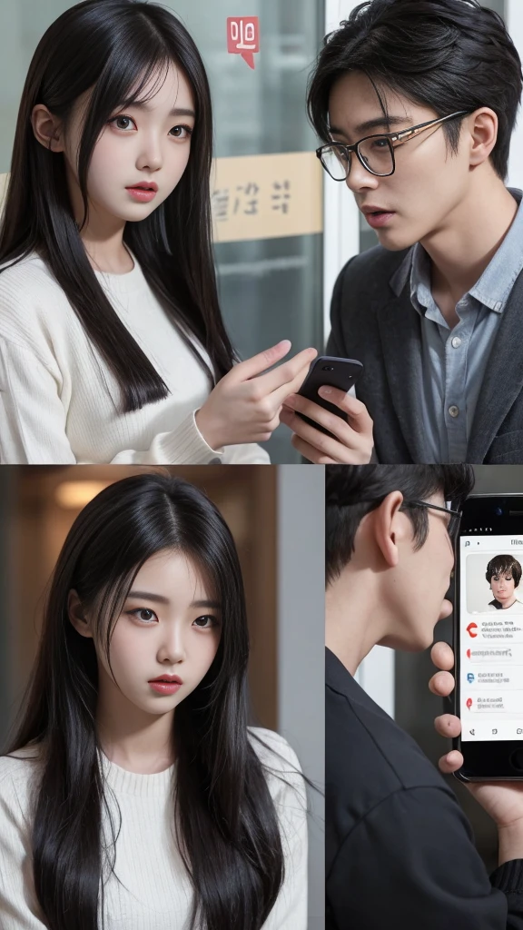  (high quality), (SFW:1.2), split screen, delinquent, Mature and bad high school girl and Korean adult man enjoying smartphone chatting app, Her smartphone display shows a number of adult Korean men having a conversation with a bad high school girl..., Chat language is English., The men are waiting for her reaction, pop-up window, there&#39;still, The man is asking her to chat on his smartphone screen. Chat takes place alternately between women and men....