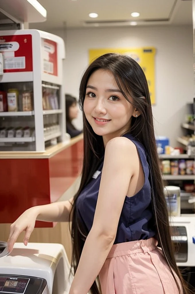 muste piece、High resolution、convenience store of the future、Convenience store clerk、26 year old female、１girl clerk、looking at the camera、smile、Finished as pictured、The cashier is also beautiful、Her skin is white and beautiful、long and beautiful hair、inner color、hair should be tied back、Clerk's uniform、