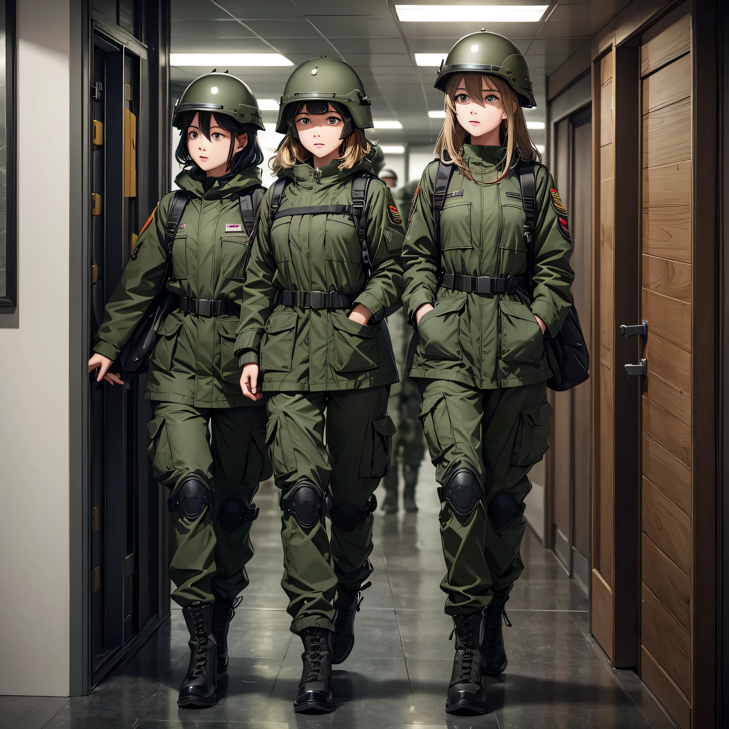 Three female soldiers in helmets、Wear dark green M-51 parka、Military Pants、front、Side by side、patrol、Interior corridors、masterpiece、best quality、Highly detailed CG、8K picture quality