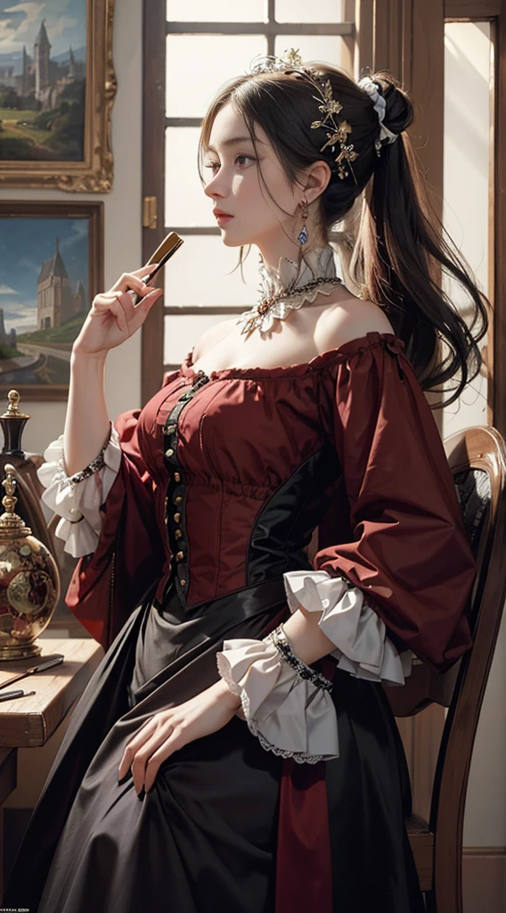(Pure color: 0.9), (Color: 1.1), (Masterpiece: 1,2) 30 years old, Best quality, Masterpiece, high resolution, Original, highly detailed wallpaper, Beauty, Victorian, dress, Melancholy, marron marron, 30 years old