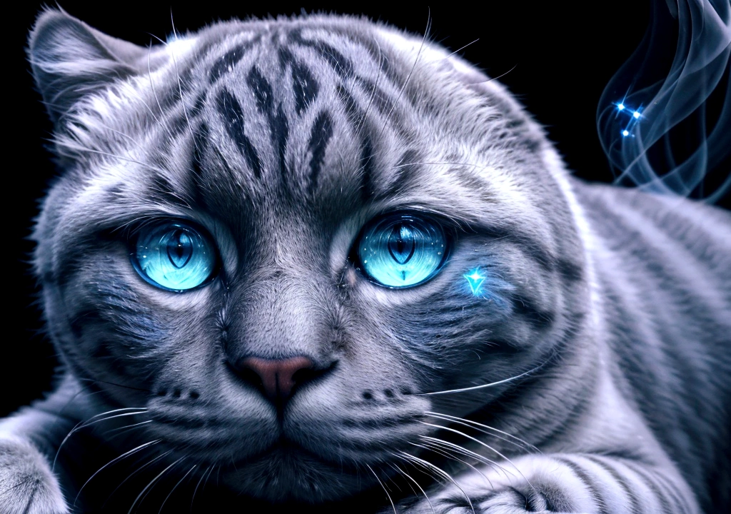 (best quality, 4k, 8k, high resolution, masterpiece: 1.2), ultra detailed, (realistic, photorealistic, photorealistic: 1.37), cat with luminous blue smoke with sparkles around the body. A wonderful award-winning image
