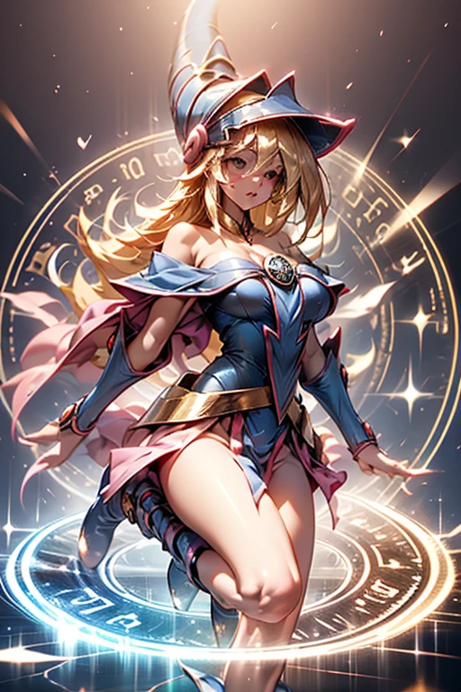 Giles Dark Wizard. (((Full and soft breasts,)))(((Huge breasts))) (((Cleavage)))Suspended on a magic circle. The air is full of energy.. Leg lift position. Arms raised. Sensual and innocent pose. Spell Effects on Hand.